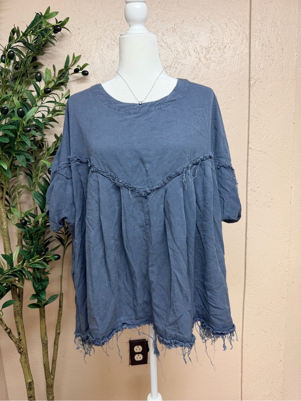 Frayed Hem Washed Blue Women's Blouse